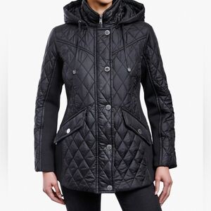 London Fog Quilted Zip Front Hooded Jacket, Large, Black